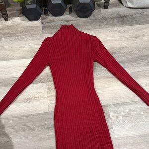 Slim Fit Red Ribbed Long-Sleeve Turtleneck Dress